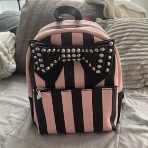 RARE Betsy Johnson black & pink stripped studded bow bookbag